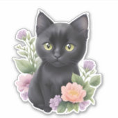 Schattigee zwarte kat floraal grillig sticker (Voorkant)