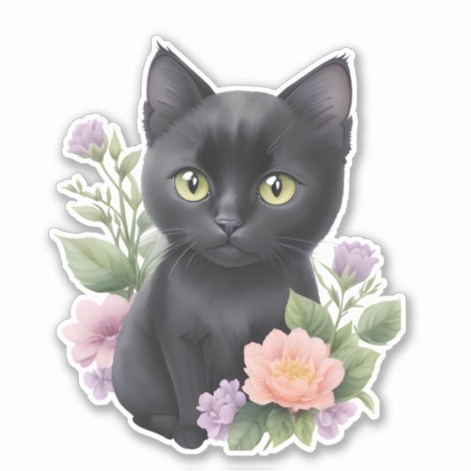 Schattigee zwarte kat floraal grillig sticker (Voorkant)