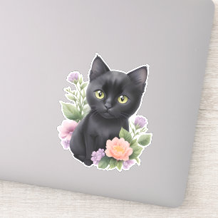Schattigee zwarte kat floraal grillig sticker