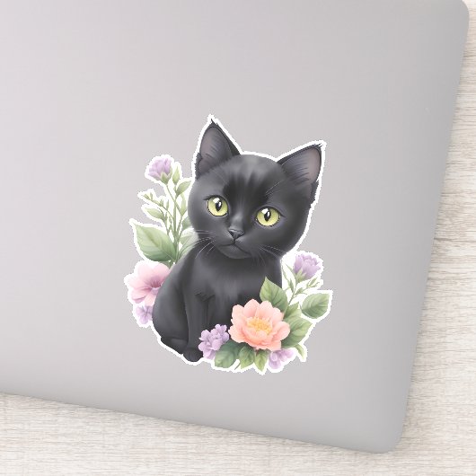Schattigee zwarte kat floraal grillig sticker (Detail)