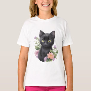Schattigee zwarte kat floraal grillig t-shirt