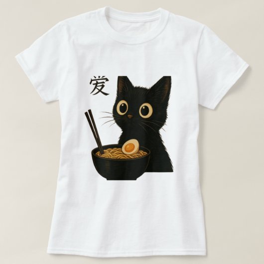 Schattigee Zwarte Kat Genieten van Ramen - Grappig T-shirt (Design voorkant)