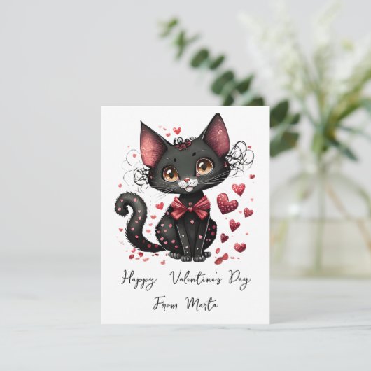 Schattigee zwarte kat gepersonaliseerde valentijn feestdagenkaart (Staand voorkant)