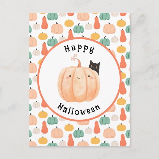 Schattigee zwarte kat gluren over een pompoen Hall Briefkaart (Voorkant)