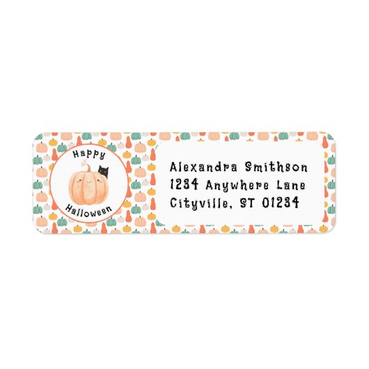 Schattigee zwarte kat gluren over een pompoen Hall Etiket (Voorkant)