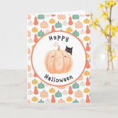 Schattigee zwarte kat gluren over een pompoen Hall Kaart (Gele Bloem)