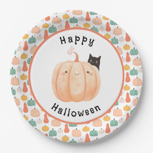 Schattigee zwarte kat gluren over een pompoen Hall Papieren Bordje (Voorkant)