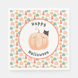 Schattigee zwarte kat gluren over een pompoen Hall Servet