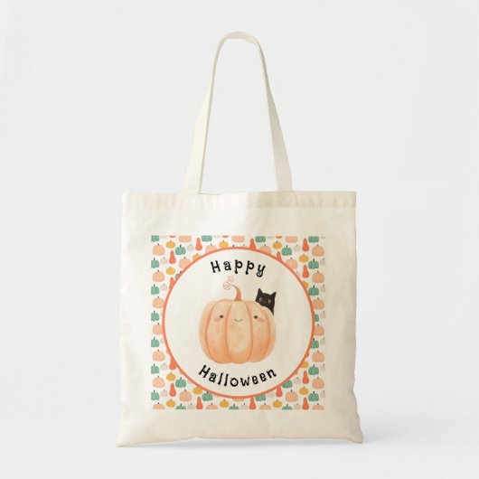Schattigee zwarte kat gluren over een pompoen Hall Tote Bag (Voorkant)