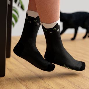 Schattigee zwarte kat groene ogen gepersonaliseerd sokken