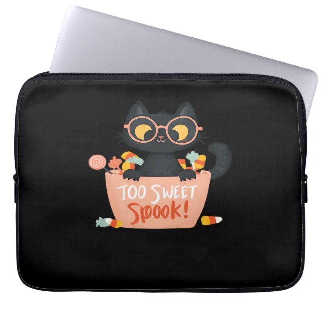 Schattigee Zwarte Kat Halloween Snoep Te Sweet Spo Laptop Sleeve (Voorkant)