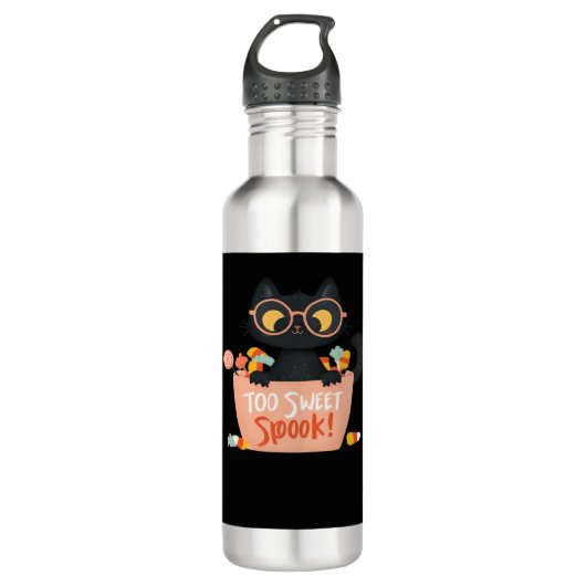 Schattigee Zwarte Kat Halloween Snoep Te Sweet Spo Waterfles (Voorkant)