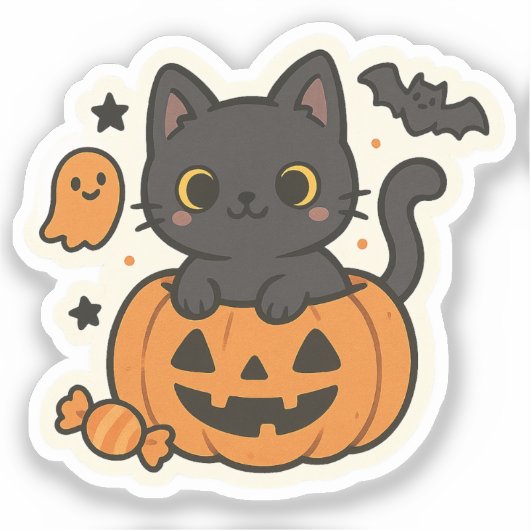 Schattigee Zwarte Kat Halloween Sticker – Kawaii P (Voorkant)