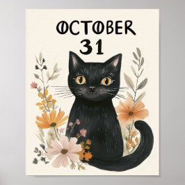 Schattigee Zwarte Kat Halloween Waterverf Bloemen Poster