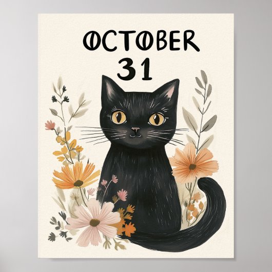 Schattigee Zwarte Kat Halloween Waterverf Bloemen Poster (Voorkant)