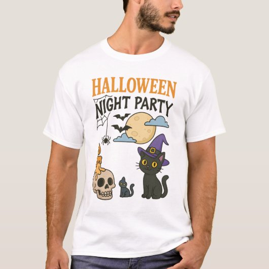 Schattigee zwarte kat heks Halloween Night Party T-shirt (Voorkant)