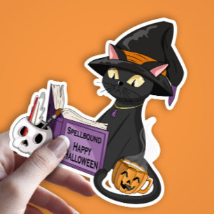 Schattigee zwarte kat heks lezen spreuk boek Hallo Sticker