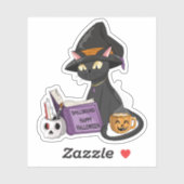 Schattigee zwarte kat heks lezen spreuk boek Hallo Sticker (Vel)