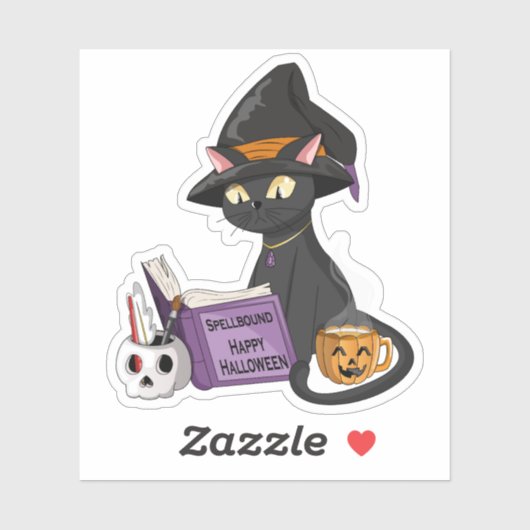 Schattigee zwarte kat heks lezen spreuk boek Hallo Sticker (Vel)