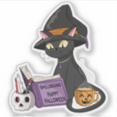 Schattigee zwarte kat heks lezen spreuk boek Hallo Sticker (Voorkant)
