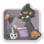 Schattigee zwarte kat heks lezen spreuken boek mag sticker (Voorkant)