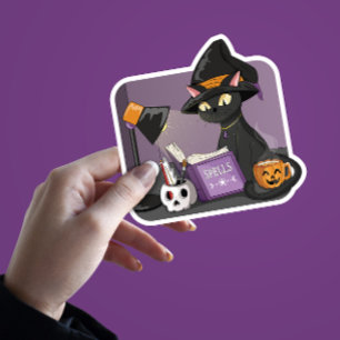 Schattigee zwarte kat heks lezen spreuken boek mag sticker