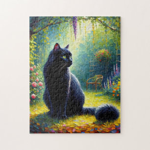Schattigee zwarte kat in de tuin olieverfschilderi legpuzzel