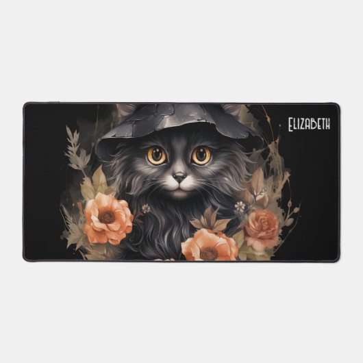 Schattigee zwarte kat in een heks Pet Bureaumat (Voorkant)