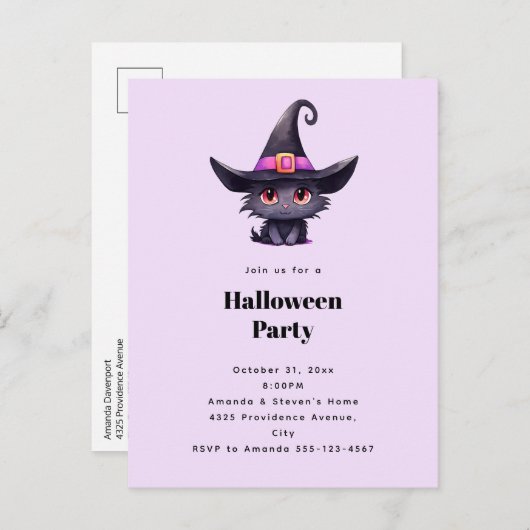 Schattigee zwarte kat in een heks Pet Halloween Pa Uitnodiging Briefkaart (Voorkant / Achterkant)