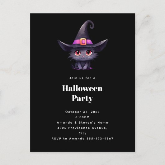 Schattigee zwarte kat in een heks Pet Halloween Pa Uitnodiging Briefkaart (Voorkant)