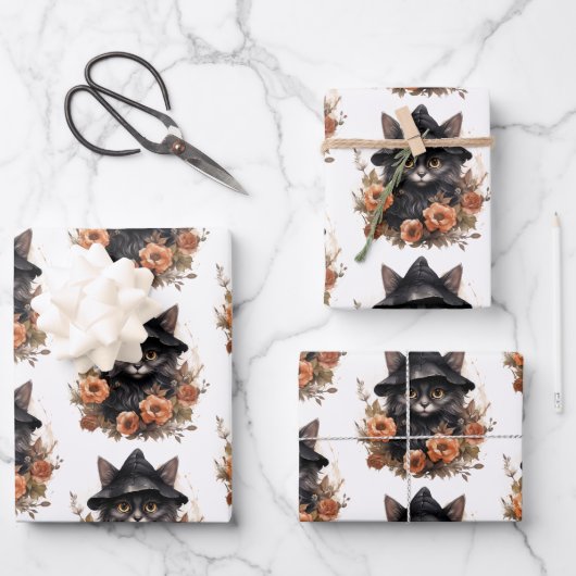 Schattigee zwarte kat in een heks Pet Inpakpapier Vel (Voorkant)