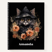Schattigee zwarte kat in een heks Pet Notitieboek (Voorkant)