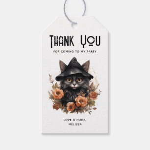 Schattigee zwarte kat in een heks Pet Party Dank u Cadeaulabel