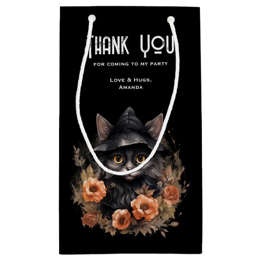 Schattigee zwarte kat in een heks Pet Party Dank u Klein Cadeauzakje (Achterkant)
