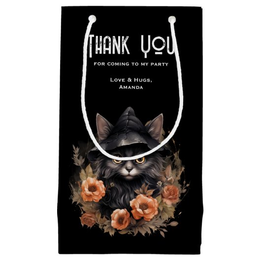 Schattigee zwarte kat in een heks Pet Party Dank u Klein Cadeauzakje (Voorkant)
