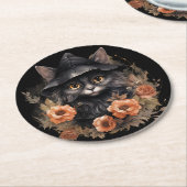Schattigee zwarte kat in een heks Pet Ronde Kartonnen Onderzetter (Gebogen)