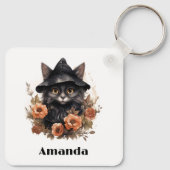 Schattigee zwarte kat in een heks Pet Sleutelhanger (Achterkant)