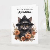 Schattigee zwarte kat in een heks Pet Verjaardag Kaart (Voorkant)
