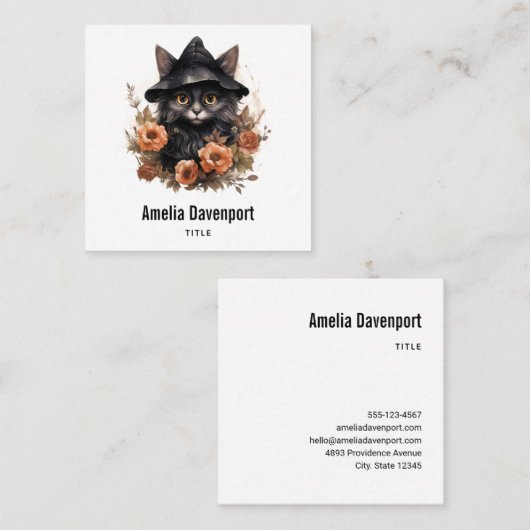 Schattigee zwarte kat in een heks Pet Vierkante Visitekaartje (Voorkant / Achterkant)