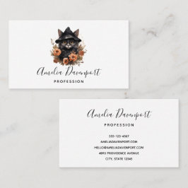 Schattigee zwarte kat in een heks Pet Visitekaartje