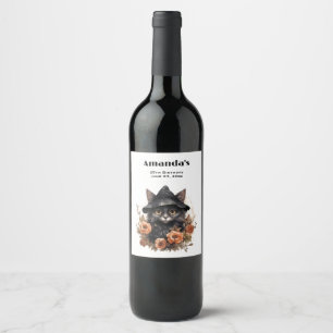 Schattigee zwarte kat in een heks Pet Wijn Etiket