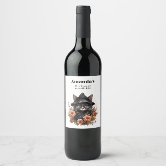 Schattigee zwarte kat in een heks Pet Wijn Etiket (Voorkant)