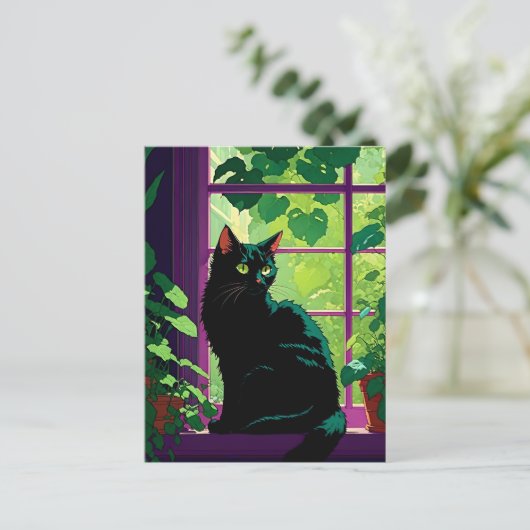 Schattigee zwarte kat in een raam briefkaart (Staand voorkant)
