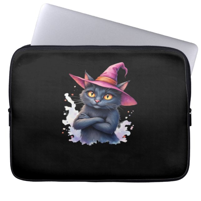 Schattigee zwarte kat in heks Pet - magische Hallo Laptop Sleeve (Voorkant)