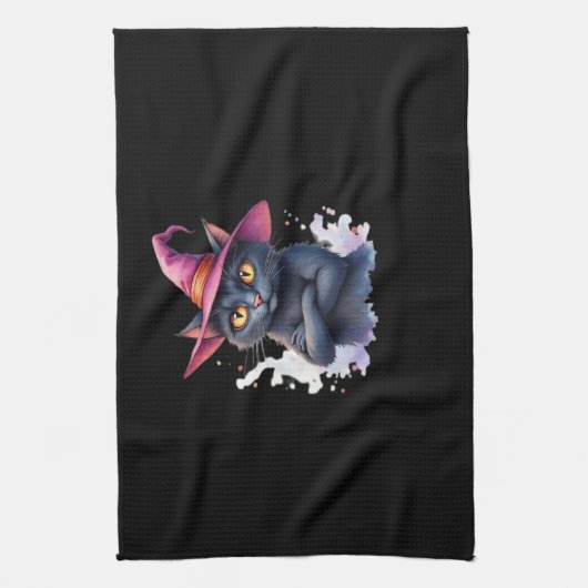 Schattigee zwarte kat in heks Pet - magische Hallo Theedoek (Verticaal)