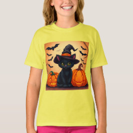 Schattigee zwarte kat in heks Pet omgeven door pom T-shirt