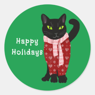 Schattigee Zwarte Kat in Kersttrui Vakantie Ronde Sticker