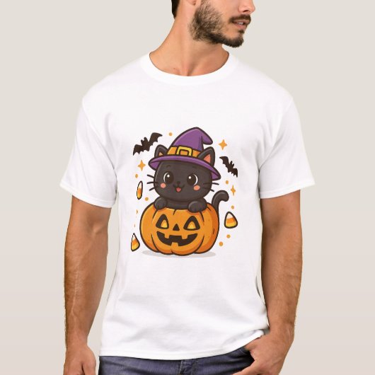 Schattigee zwarte kat in pompoen - Kawaii Hallowee T-shirt (Voorkant)