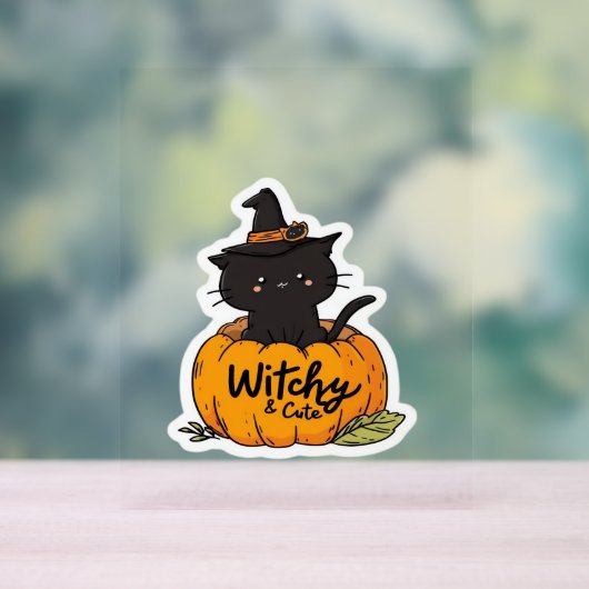 Schattigee zwarte kat in pompoen met heks pet, kaw acryl bord (Neutraal)