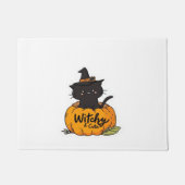 Schattigee zwarte kat in pompoen met heks pet, kaw deurmat (Voorkant)